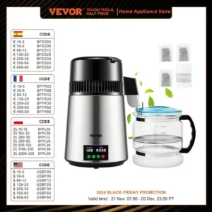 VEVOR 4L Water Distiller Purifier Filter 1 L/H Distilling Speed Dispenser Touch Screen Home Appliance